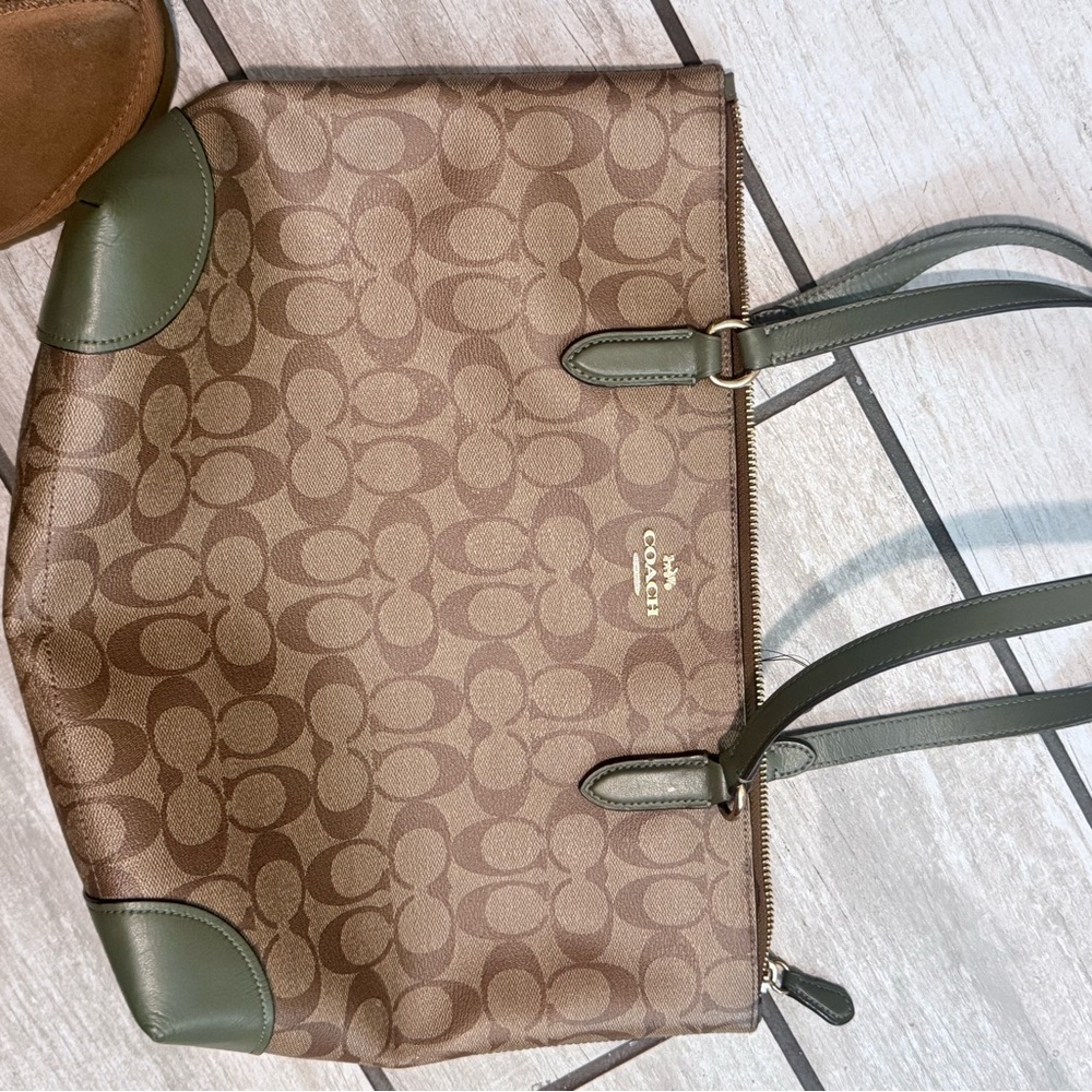 Coach Tan and Green Signature Tote